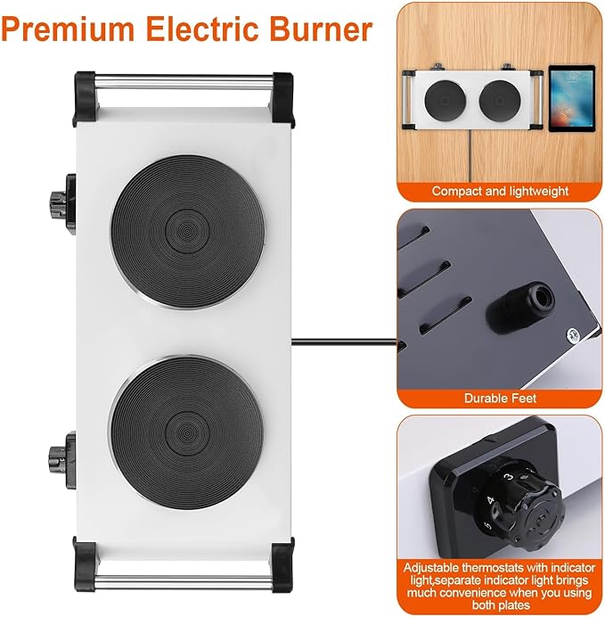 Hot Plate, 2000W Portable Electric Double Burner W/5 Level Temperature Control & Stay Cool Handles, Easy to Clean, Lightweight Cast Iron Electric Stove for Kitchen Camping Cooking, 110V