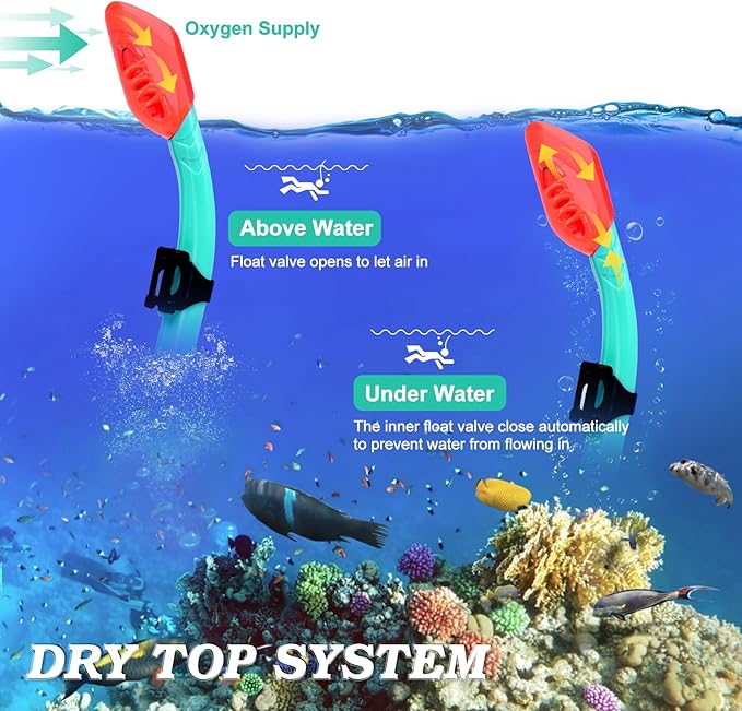 Kids Snorkel Set Dry Top Snorkeling Gear for Kids Youth Boys Girls Junior Age 5-15,Tempered Glass Swimming Diving Mask and Snorkel Set 180 Degree Panoramic View