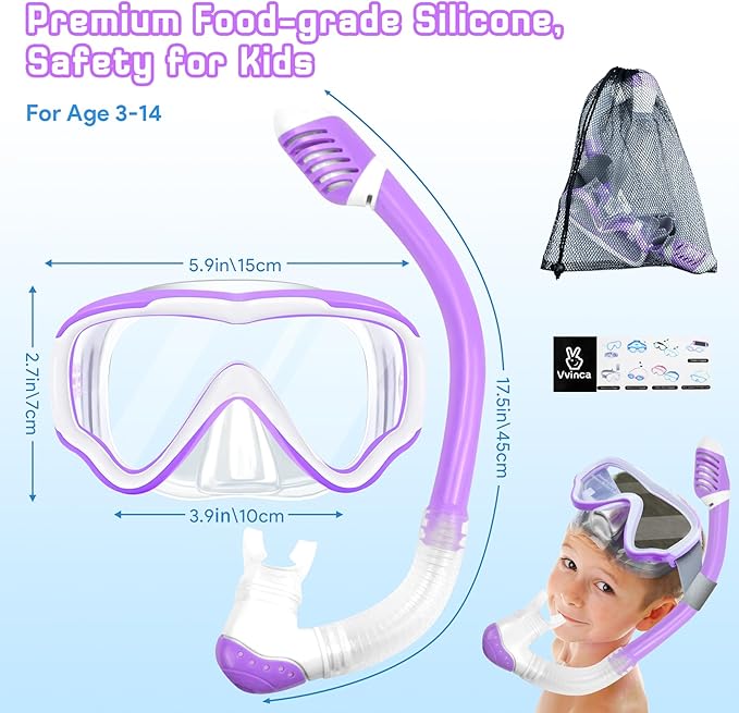 Vvinca Snorkeling Gear for Kids Dry Top Kids Snorkel Set for Boys Girls Junior Youth Children Age 4-14 Swim Goggles with Nose Cover Anti-Fog Panoramic View Adjustable Elastic Diving Mask and Snorkel