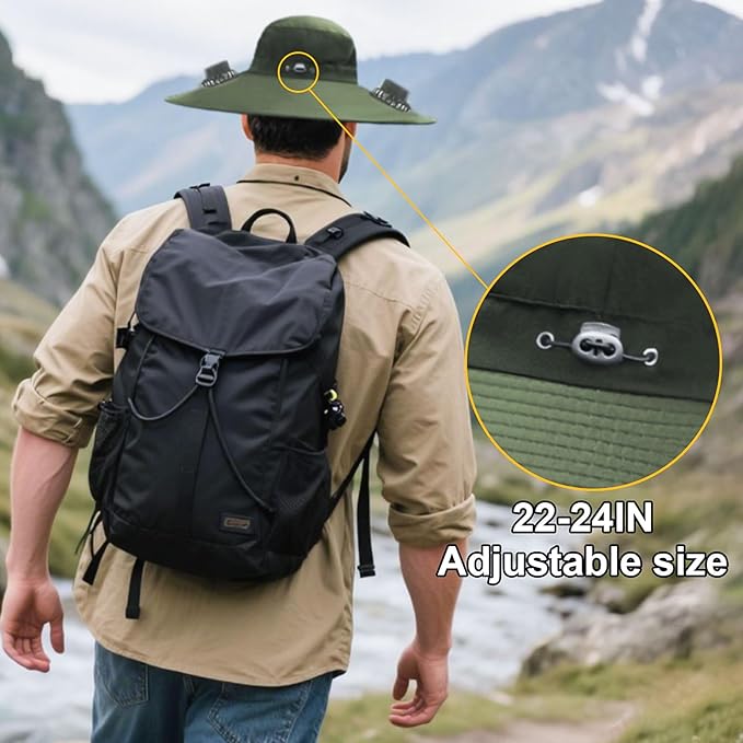 Outdoor Wide Brim Sun Hat with 2 Solar Fan for Men Women UPF50+ Outdoor Hiking Sun Protection Bucket Fishing&Cycling Hat