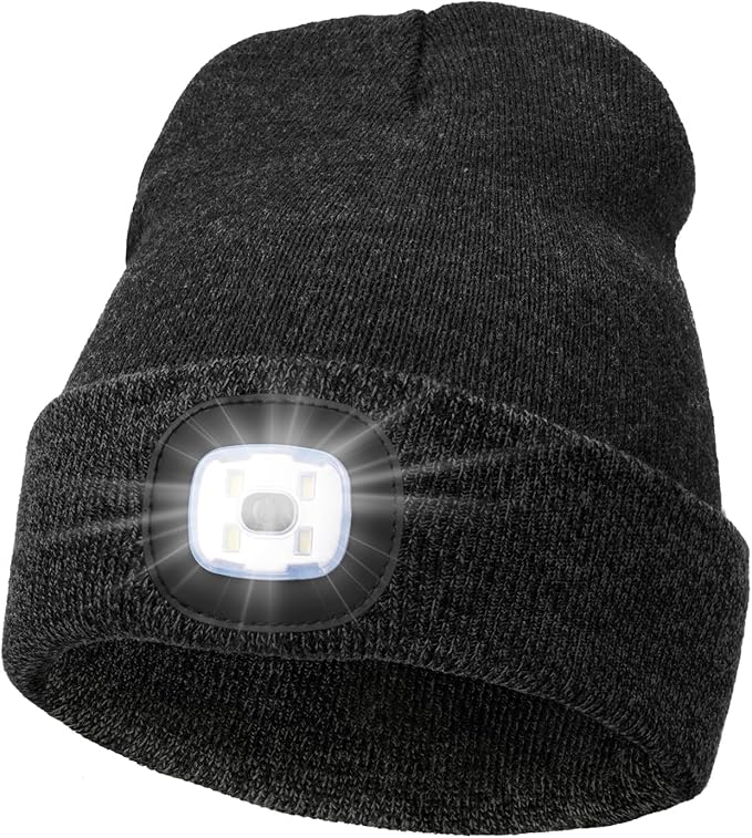 MELASA Unisex Hat with Light, USB Rechargeable Hands Free Headlamp LED Beanie, Winter Gifts for Men Dad Father Husband Him