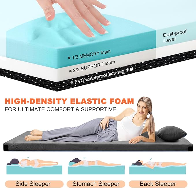 Memory Foam Camping Mattress Sleeping Pad, 3" Thick Waterproof Portable Roll Up Sleeping Mats & Floor Mattress Pad with Pillow + Travel Bag for Camping Car Truck SUV Tent Sleepover Kids Adult