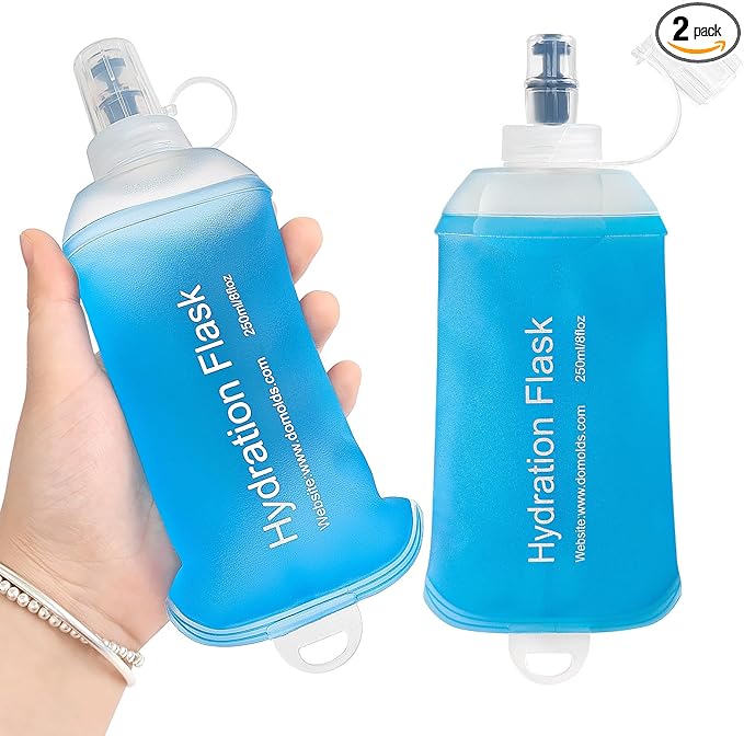 GYGYL Soft Flask, TPU Collapsible Soft Water Bottle for Hydration Pack, Running Vest, Leak-Proof Folding Water Bottle for Hiking Cycling Climbing Jogging-250ml Blue, 2pcs