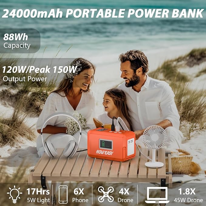 HOWEASY Portable Power Bank, 24000mAh Portable Laptop Charger Power Bank with 2 110V/120W AC Outlet/ 2 DC Ports/3 USB QC3.0/LED Light forOutdoor Camping Trip Hunting Emergency