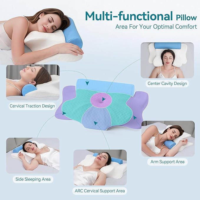 Cervical Pillow with Removable Neck Roll 2-in-1,Orthopedic Memory Foam Pillow for Side, Back & Stomach Sleepers, Ergonomic Traction Support for Neck Shoulder Back Pain Relief, Sleeping Comfort
