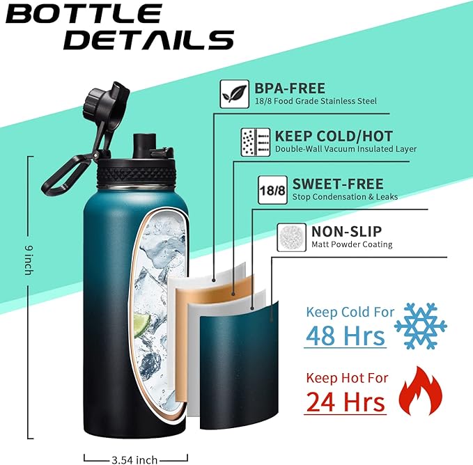 32/40/64/128 oz Insulated Water Bottle with straw & Spout Lids Keep Cold 48H Hot 24H, Large Water Flask Bottle with Shoulder Carrier Bag, Paracord Handle & Boot for Gym, Workout & Beach