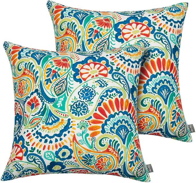 Magpie Fabrics Patio Pillow Covers ONLY 18"x18", Set of 2, Fade-Resistant Outdoor Indoor Cushion Cases Decorative Throw Pillowcase Shell for Couch Garden Furniture -Paisley Multi