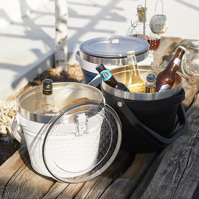 COKTIK 7L Vacuum Insulated Ice Bucket with Lid and Scoop& Tongs，Large capacity Stainless Steel Beverage Bucket for Cocktail, Champagne, Wine, Beer，Large Parties（Milk White Suit）