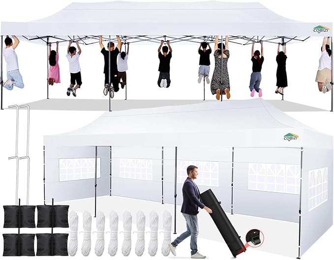 COBIZI 10x30 Pop up Canopy Tent 10x30 Canopy with 8 Sidewalls Waterproof Heavy Duty Commercial Canopy Tent for Parties Outdoor Tent Garden Gazebo Tent, Carry Bag with Wheel(10x30ft, White)