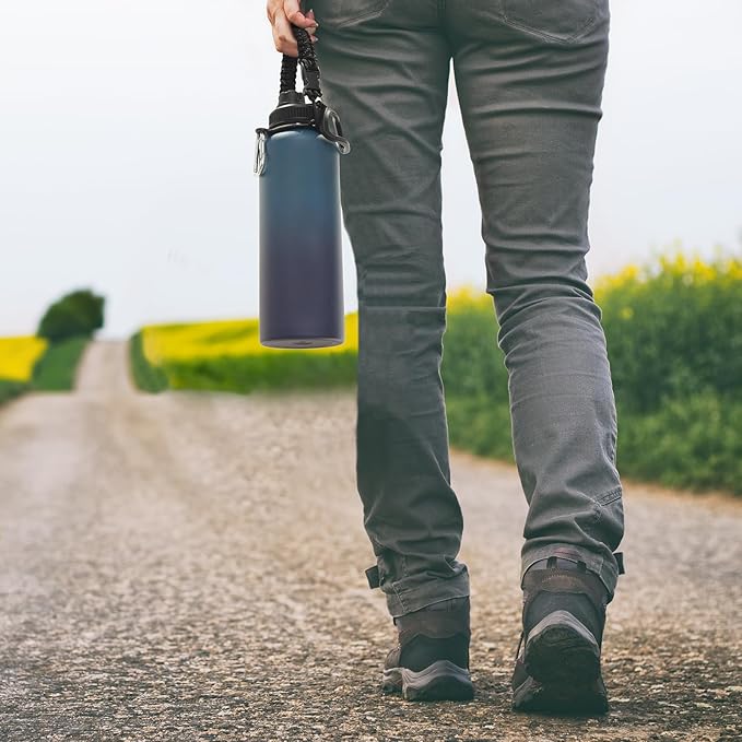 Volhoply 40 oz Insulated Water Bottles Paracord Handle, Stainless Steel Sports Bottle with Spout Lid, Double Walled Metal Travel Water Cups with Wide Mouth, Reusable Water jug (Dark Night,1 Set)