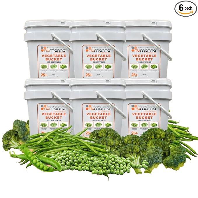 Numanna Mega Emergency Freeze-Dried 6 Vegetables Buckets 600 Servings Contains Peas, Green Beans & Broccoli | Non-GMO, No Preservatives, No MSG Camping & Emergency Survival Food 25 Years Shelf Life