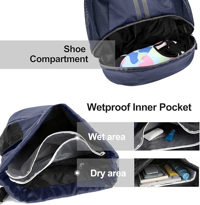 Hoedia Sports Drawstring Backpack - String Swim Gym Bag with Shoes Compartment and Wet Proof Pocket for Women and Men