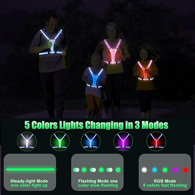 LED Reflective Vest Running Gear, 5 Colors Lights Up Running Vest for Night Walking Cycling Jogging, Adjustable Size for Men Women Kids, Rechargeable and High Visible