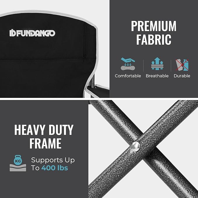 FUNDANGO Folding Camping Chair with Table, Portable Heavy Duty Outdoor Padded Chairs for Adults with Cup Holders for Lawn Beach Picnic Outside Travel (Black)