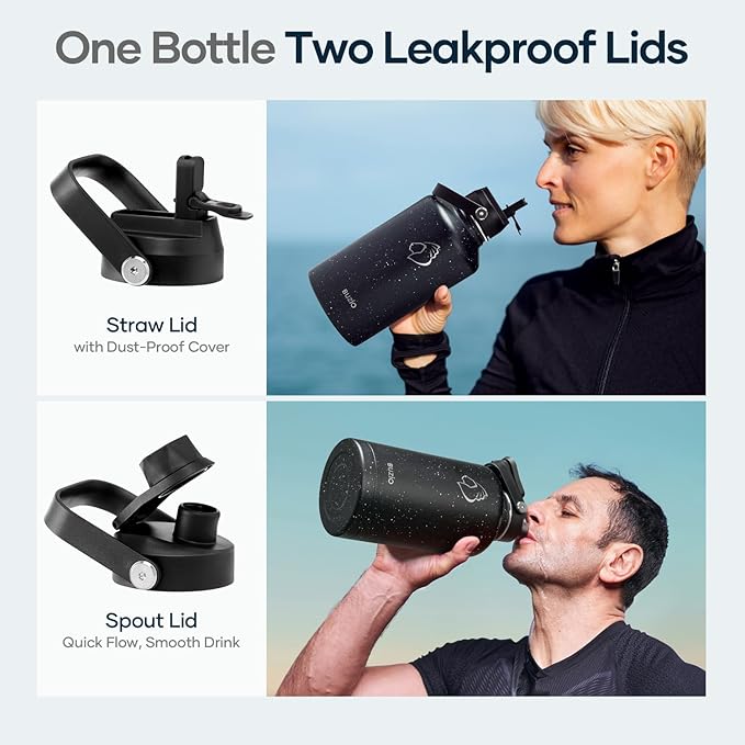 BUZIO Insulated Water Bottles 64oz with Straw Lid, Half Gallon Double Wall Stainless Steel Wide Mouth Water Bottle with Two Lids, Powder Coat Metal Water Jug Thermo Mug Metal Canteen, Keep Hot Cold