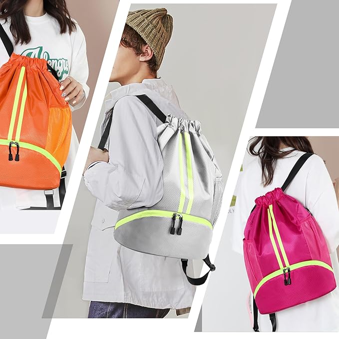 Hoedia Sports Drawstring Backpack - String Swim Gym Bag with Shoes Compartment and Wet Proof Pocket for Women and Men