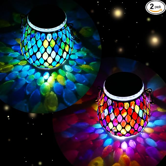 2 Pack Mosaic Blue & Red Solar Lanterns, Outdoor Glass Hanging Lights, Waterproof, Solar Table Lamps, Christmas Gifts for Women Mom Grandma, Night Lights, Decoration for Garden, Patio, Outdoor Decor