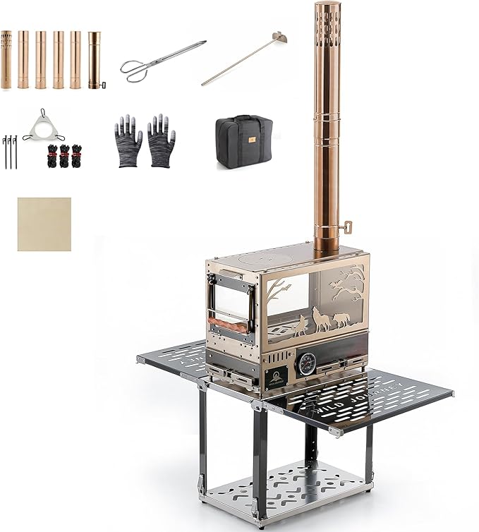 M8 Wood Burning Stove with Oven & Camping Table, Stainless Steel Portable IGT Hot Tent Stove, Including 6 Chimney Pipes, for Camping, Tents, Cooking and Travel Rose Gold