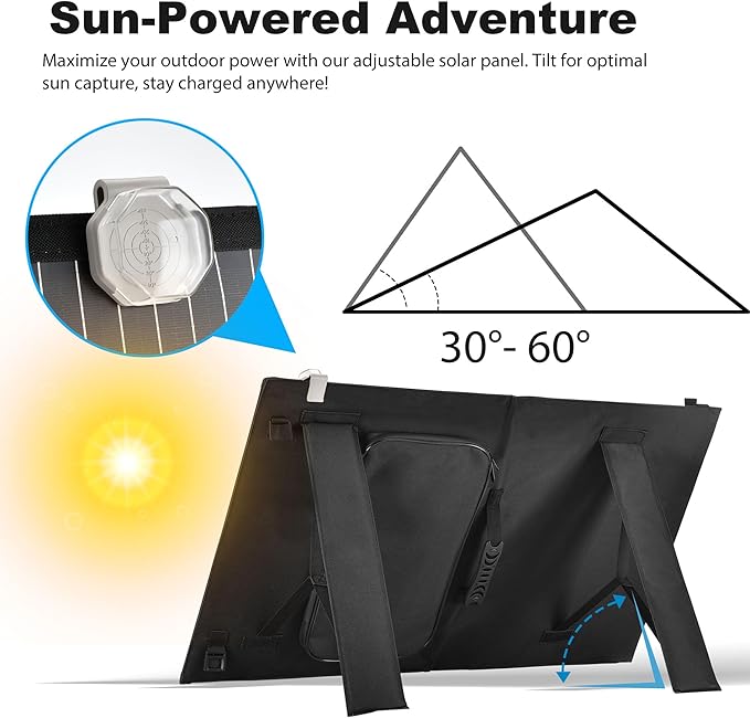 Portable 60 Watt 12V Foldable Solar Panel with Adjustable Kickstands and Waterproof IP65 Design for Power Station, Travel, Outdoor Camping, RVs, and Off-Grid Applications