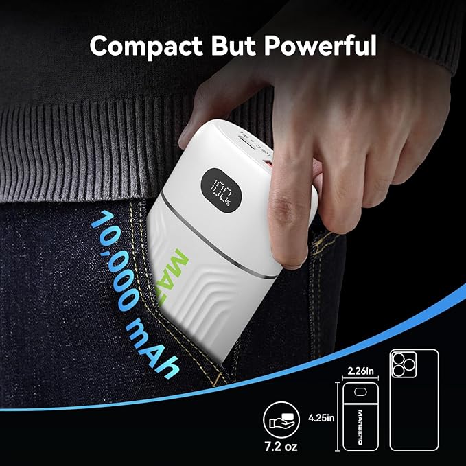 MARBERO Power Bank 10000mAh Compact Portable Charger 5V/3A External Battery PowerBank USB C in & Out Battery Pack Backup Compatible with iPhone iPad Sumsung Galaxy Pixel Google and More (White)