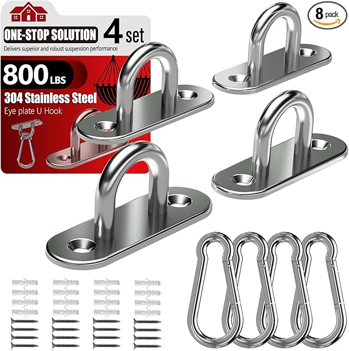 sprookber 304 Stainless Steel Pad Eye Snap Hooks, M6 Heavy Duty Ceiling Hooks, 800 lb Capacity Hammock Swing Hanging kit, Plant Hangers, Marine Hardware Staple Hook Loop with Screws, Set of 8