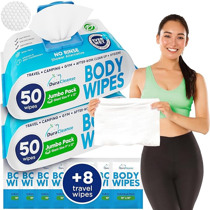 Dura Cleanse Body Wipes for Adults Bathing No Rinse (2 Pack) 100 XL Shower Wipes + 8 Travel Bath Sheets - 9" x 12" Extra Thick Waterless Adult Disposable Washcloths for Camping, Elderly Incontinence