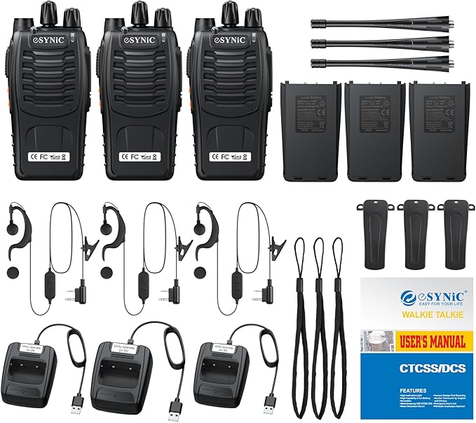 eSynic 3-Pack Professional Walkie Talkies - 5KM Long Range 16CH Durable Two-Way Radios with VOX- Includes 3 Headsets & LED Light, Rain-Resistant for Job Site/Camping/Hiking (3 Pack Family Set)