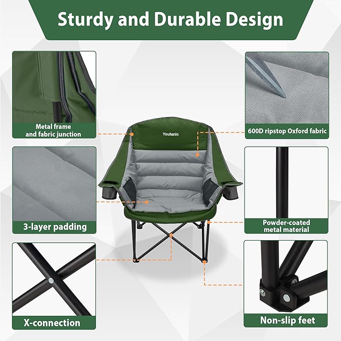 Oversized Camping Chair, Portable Folding Camping Chairs with Side Pocket, Cup Holder and Carry Bag, Heavy Duty Outdoor Camping Chairs for Adults, Fishing, Sports, Trip, up to 400lbs, Style 7