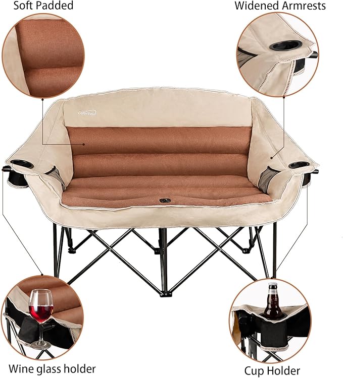 2 Person Fully Padded Camping Chair Oversized Loveseat Camping Chair Double Camping Chairs for Adults Heavy Duty Outdoor Camping Couch, Padded Seats & Armrests, 600Lbs, Moca