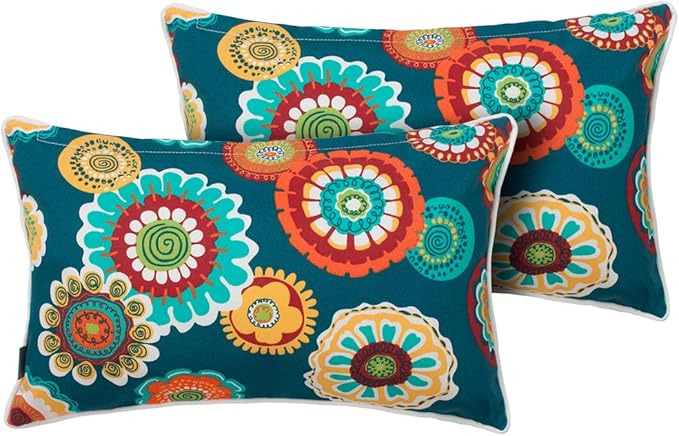 Magpie Fabrics Pack of 2 Outdoor Waterproof Lumbar Rectangular Throw Pillow with Insert 12x20 Inch, Home Decorative Toss Cushion for Patio Garden Car Office (Heronsbill Turquoise Green)