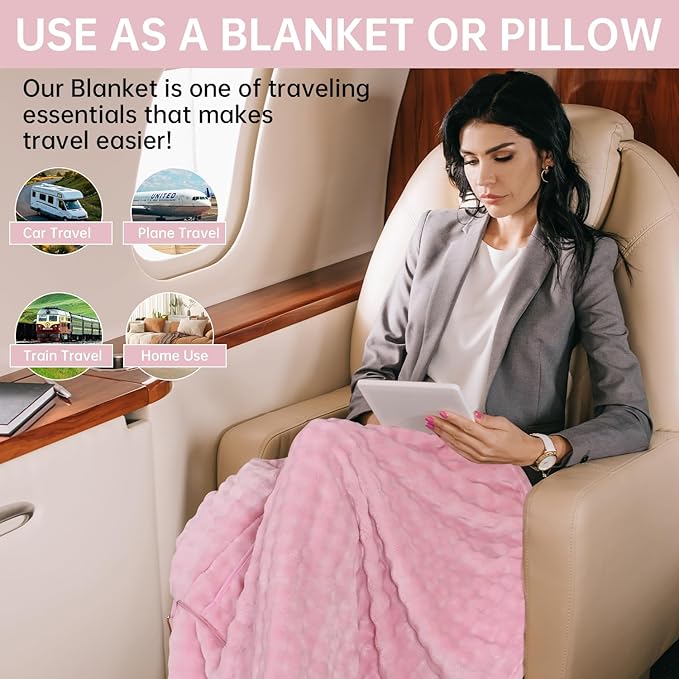 Travel Blanket and Pillow-2-in-1, Ultra-Soft&Compact, One-Piece Airplane Blanket with Hand Luggage Belt and Backpack Clip,Travelers Accessories Gifts, 61x43 Inches (Pink)