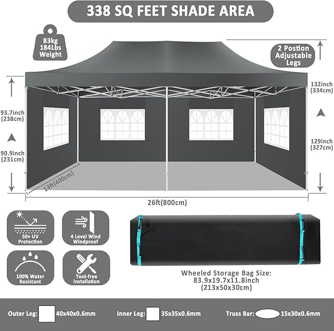 COBIZI 13x26 Pop Up Canopy with 6 Sidewall,Heavy Duty Canopy UPF 50+ All Season Wind Waterproof Commercial Outdoor Wedding Party Tents for Parties Canopy Gazebo with Roller Bag(13 x 26 ft Gray)