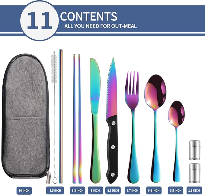 Travel Utensils with Case,Reusable Utensils,Portable Travel Camping Cutlery Set,Stainless Steel Flatware Set,Lunch Boxes Workplace Camping School Picnic (Rainbow)
