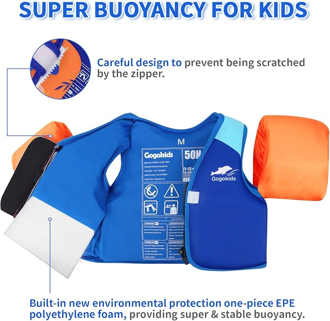 Gogokids Toddler Swim Vest, Kids Floaties for 20-50 lbs Girls & Boys, Buoyancy Jacket Swimming Aid with Water Wings for 2-6 Years, Pool/Beach