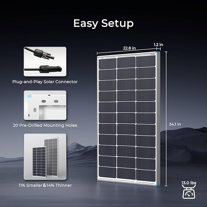 Renogy Solar Panel 100 Watt 12 Volt, High-Efficiency Monocrystalline PV Module Power Charger for RV Marine Rooftop Farm Battery and Other Off-Grid Applications, RNG-100D-SS, Single 100W
