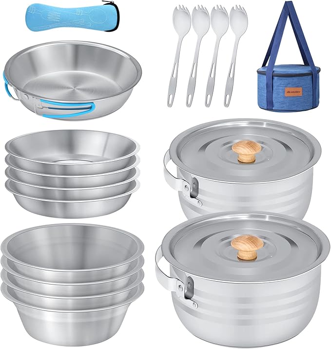 WEALERS Camping Cookware & Dinnerware Set- 17 Pieces Stainless Steel Pots and Pans Set with Plates, Bowls & Sporks in Travel Mesh Bag for Camping, Trekking, Backyard Picnic & Backpacking Gear