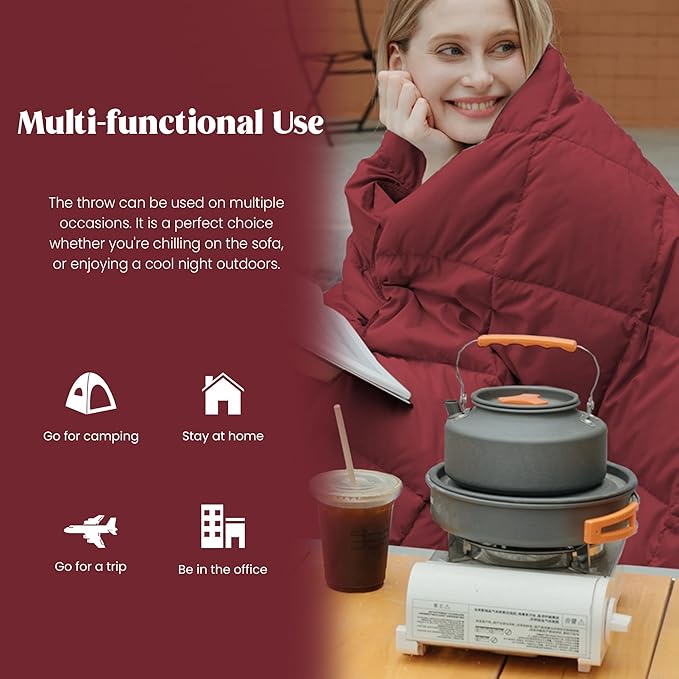 puredown® Soft Feather Down Throw Blanket Lightweight Packable Couch Throw for Indoor and Outdoor Use, 50"X70", Wine