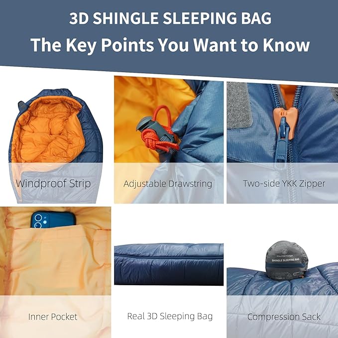 3-4 Seasons Shingle Sleeping Bag 15℉ with Inner Pocket for Adult,Perfect for Backpacking,Traveling and Hiking,Including Free Compression Stuff Sack.