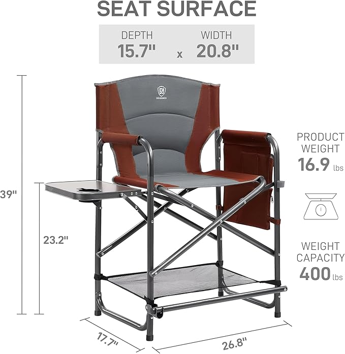 EVER ADVANCED Medium Tall Directors Chair Foldable Makeup Artist Chair Bar Height with Side Table Cup Holder and Pocket Footrest, Supports 400LBS (Red Brown, Seat Height: 23.2 inches)