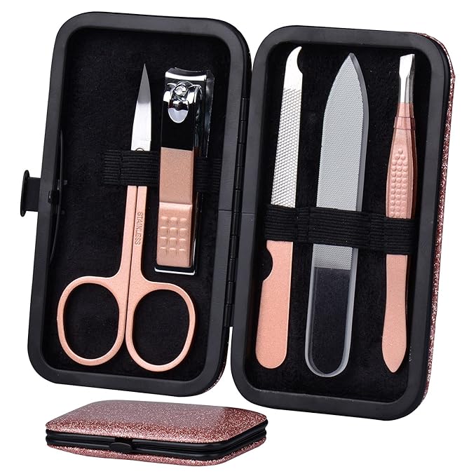 HANTEKAS Manicure Set Nail Clippers Kit 5 Pieces in 1 Stainless Steel Professional Grooming Nail Care Tools Including Nano Glass Nail Shiner Buffer File Gift for Men Husband Boyfriend Parents Women