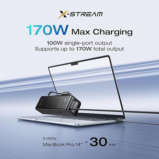 EF ECOFLOW Rapid Power Bank, 25,000mAh, 100W Built-in and Retractable Cables, 170W Portable Charger with Triple 100W USB-C Port, Compatible with iPhone Series, Samsung, Laptop and More, Black