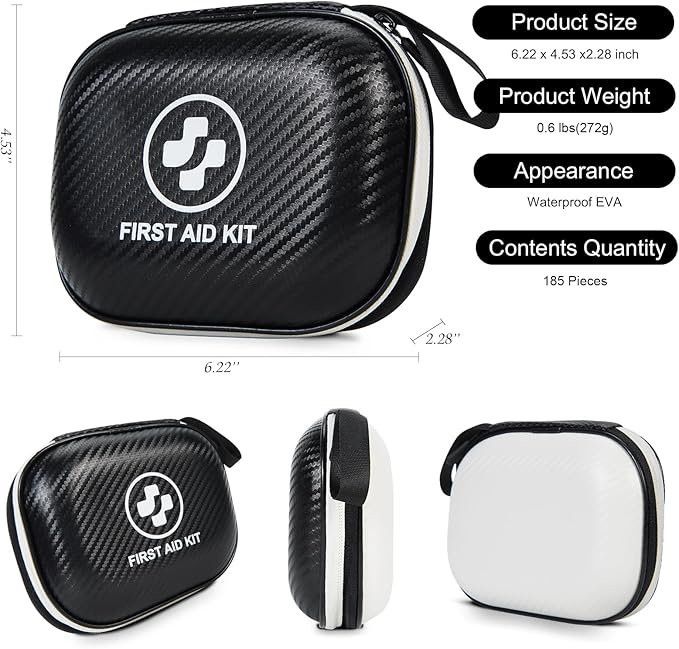 Small First Aid Kit - 185 Pieces Waterproof Emergency Kit for Home, Car, Travel, Camping, Hiking & Outdoor - Portable Hard Case Survival Kit with Premium Supplies(Black/White)