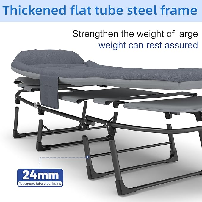 Chaise Lounge Chair, Folding Cot, 6-Angle Adjustable Camping Cot with Mattress for Patio and Beach, Foldable Bed Portable Heavy Duty Lay Flat Reclining with Pillow (Gray, M - 70'')