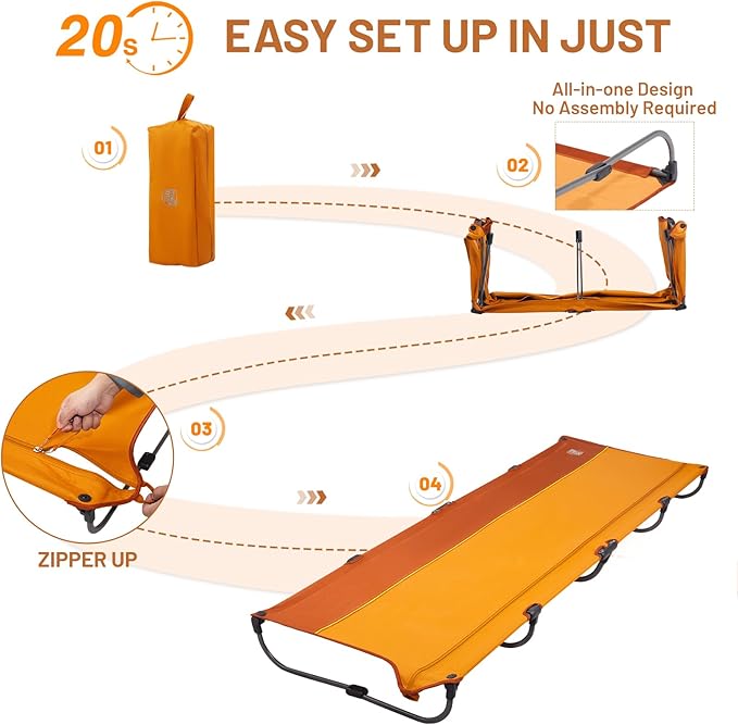 TIMBER RIDGE Lightweight Aluminum Camping Cot, 20-Second Quick Set-Up Folding Cot Low Profile with Zipper Closure, Portable Carry Bag for Camping, Travel and Outdoors, Support up to 225lbs, Orange