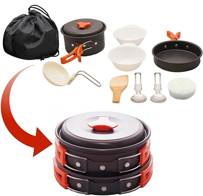 Camping Cookware Mess Kit – 12 PCS Lightweight Camping Cooking Set with Pots, Pans & Utensils – Compact Backpacking Cookware Gear – Portable Camp Kitchen Equipment for Hiking & Outdoor Stove Use