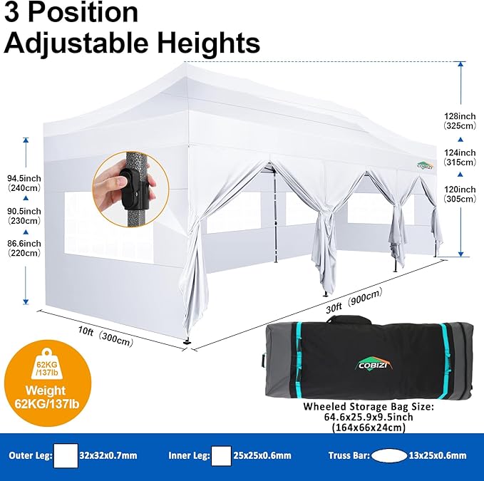 COBIZI 10x30 Pop up Canopy Tent 10x30 Canopy with 8 Sidewalls Waterproof Heavy Duty Commercial Canopy Tent for Parties Outdoor Tent Garden Gazebo Tent, Carry Bag with Wheel(10x30ft, White)
