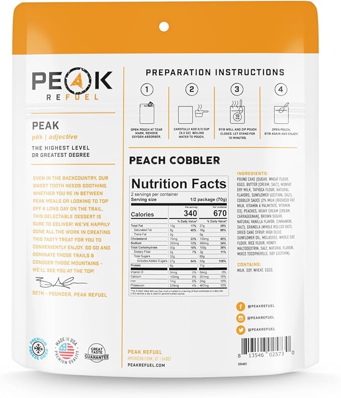 Peak Refuel Cobbler | Protein | Calories | 100% Real Ingredients | Premium Freeze Dried Backpacking & Camping Food | 2 Servings | Ideal MRE Survival Meal or Dessert
