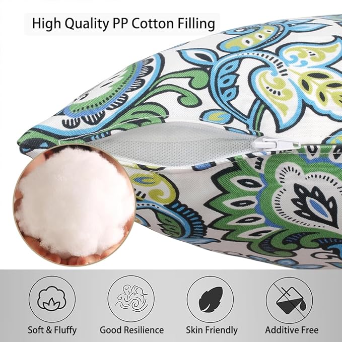 Magpie Fabrcis Pack of 2 Outdoor Waterproof Throw Pillow with Insert 18 x 18 Inch, Christmas Decorative Back Cushion Pad for Garden Patio Tent Balcony Couch Sofa(Floral Blue Green)