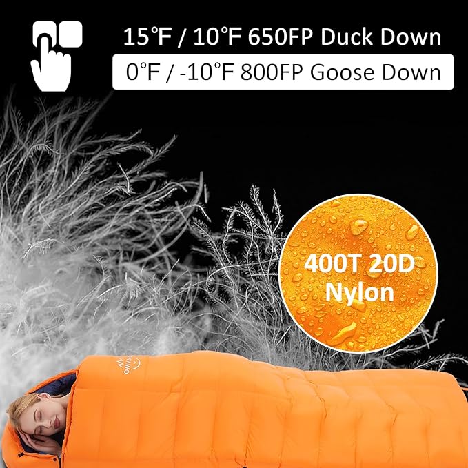 -10°F 0°F 10°F 15°F Down Sleeping Bag for Adults,800/650 Fill Power,Ultralight Wearable 4 Season Cold Weather Rectangle Sleeping Bag for Camping Hiking,Can be Used as a Down Blanket or Cloak