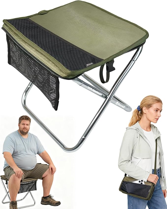 Rocalt Camping Portable Stool, Ultralight Folding Stool, Aircraft-Grade Aluminum Pocket Chairs for Adults, Outdoor Travel Stool, Fishing Chair with Built-in Storage Gag, Handbag Style